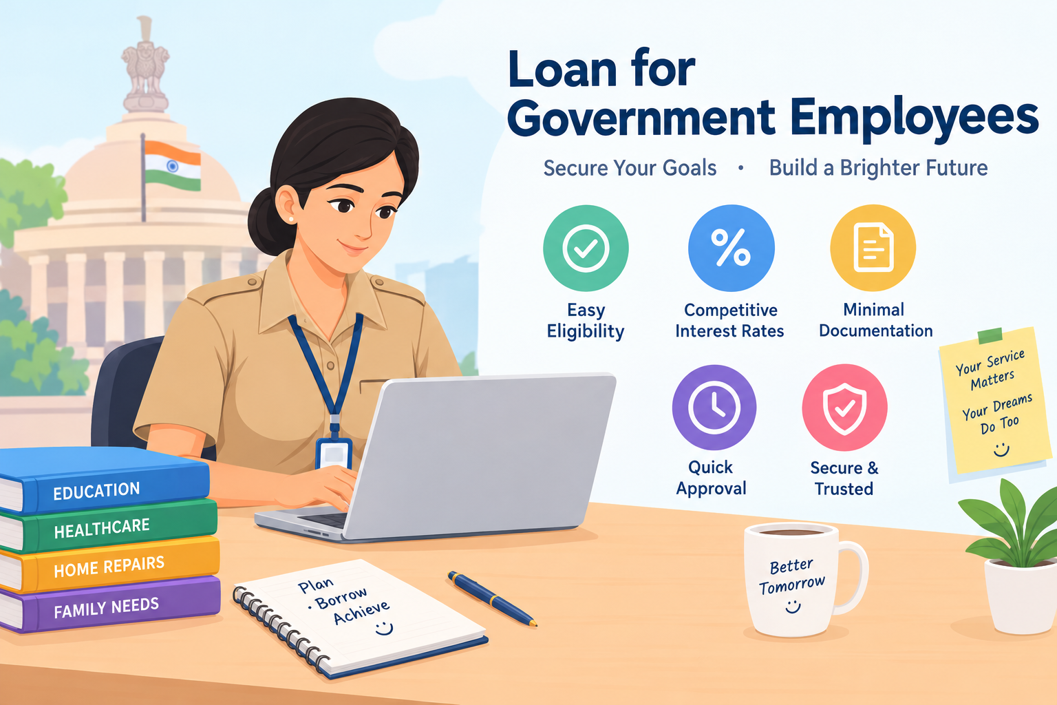 Loan for government employees in India, featuring a government employee working on a laptop with information about loan eligibility, competitive interest rates, minimal documentation, quick approval, and secure borrowing.